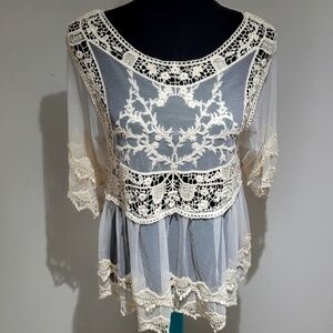 Rebellion Again Womens Sheer Lace Top Size Medium Cream Boho Fairycore Whimsical